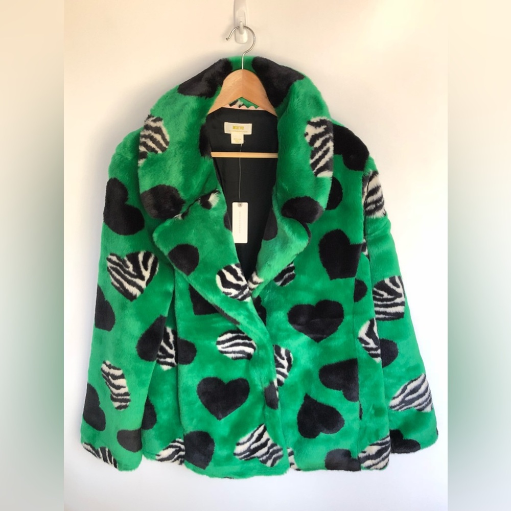 Anthropologie Maeve Green Hearts Faux Fur Coat